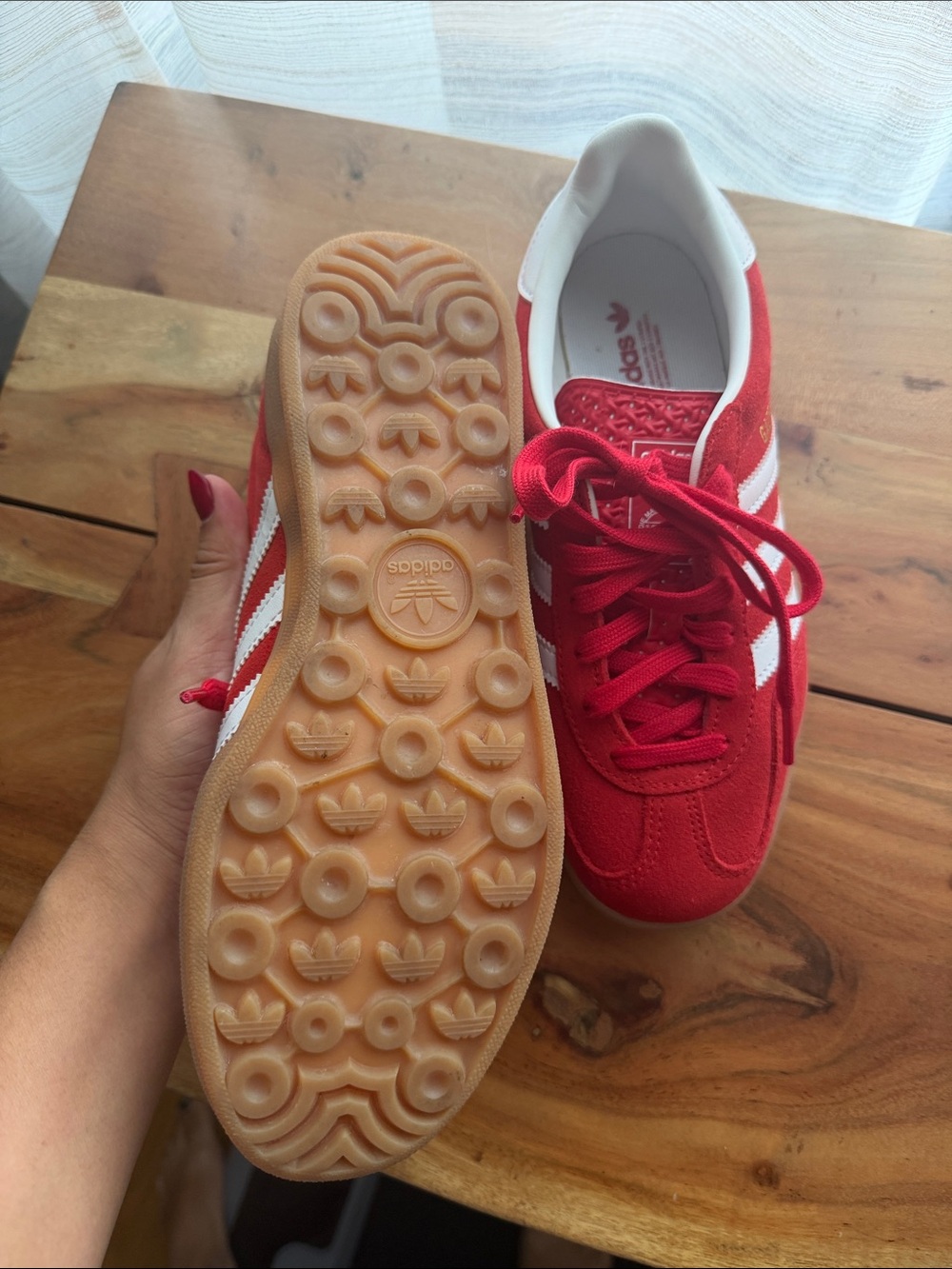 adidas Gazelle Red Suede Sneakers with White Stripes - Picture 5 of 6